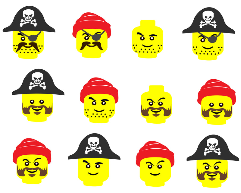 Lego pirate showing 12 various designs that can be created with this SVG lego cut file. Pirates with or without hat. Pirate lego with an eye patch and more.