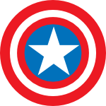 3 color image of Captain America's famous shield design. Alternating red and white circles highlighted with a white star surrounded by a blue circle.