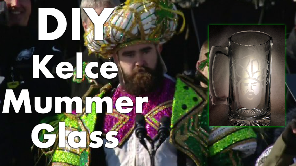 Jason Kelce dressed as a Mummer while there is an image of an etched glass made on WannaCraft