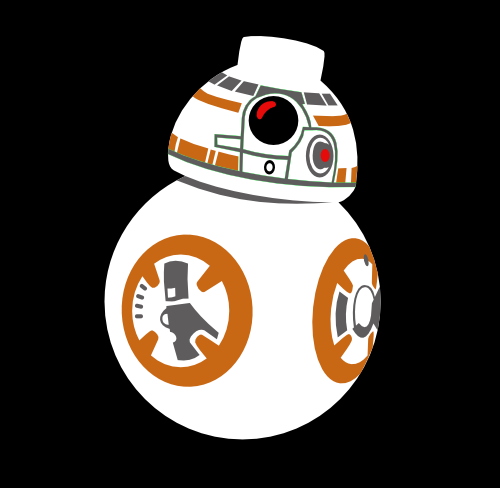 Lego BB8 image in a rolling position. The robot file is intended to use as a cut file for Cricut. It consists of a white base layer, with the electronics and gizmos being orange, gray and black. His head has a bump lego the lego version of bb8