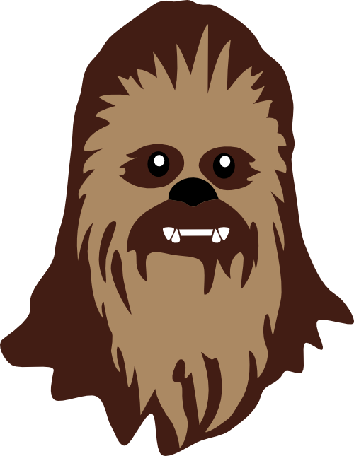 A lego Chewbacca head is shown. He has a small smile on his face showing his bright white teeth. This is a layer svg cut file consisting of dark brown fur with lighter fur around his face.