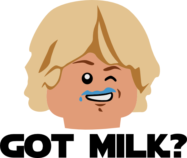 A 7 layer SVG image showing lego luke skywalker with a blue bantha milk mustache. This image is from the lego skywalker saga game. The caption under the image reads Got Milk?