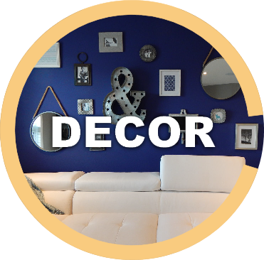 Decor crafts are depicted in a circular thumbnail showing a wall with crafts behind a white couch.
