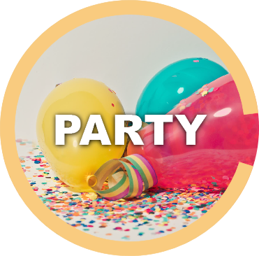 Party crafts are shown in a circular thumbnail of balloons atop a confetti filled floor.