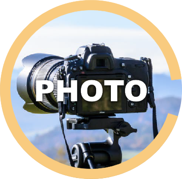 Photo crafts are depicted in a circular thumbnail of a camera on a tripod in front of a mountainscape.