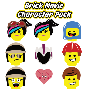 lego movie character heads lined up. There are two versions of Emmet, a lego bad cop, a smiling lego good cop, and Wyldstyle