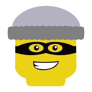 lego burgler head image. He is wearing a grey hat and a black mask covering his eyes.