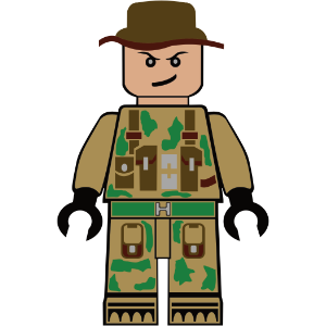 An image of a lego minifigure of a soldier in camouflage.