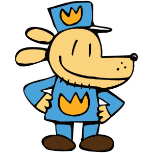 A cartoon character resembling Dog Man from Dav Pilkey's books, standing confidently with hands on hips. The character has a dog-like head, floppy ears, a light beige face, and a blue uniform featuring a yellow badge on the chest and hat. The character's pose exudes a cheerful and heroic demeanor.