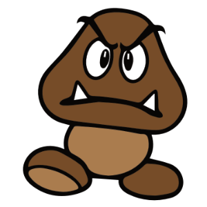 Illustration of a classic Mario Bros Goomba with a brown mushroom-like head, angry eyebrows, sharp white teeth, and stubby feet, representing the iconic retro gaming character.