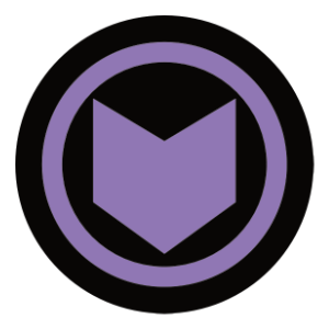 A minimalist purple graphic of Hawkeye's symbol, featuring a downward-pointing arrowhead design enclosed within a circular border, set against a black background.