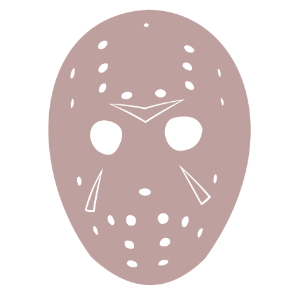 A simple vector illustration of Jason Voorhees' iconic hockey mask from the Friday the 13th series, displayed in a pale pink color with cutout details like eye holes, nose slits, and air holes for crafting purposes.