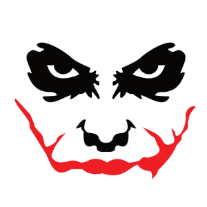 Stylized depiction of a Joker face inspired by The Dark Knight movie, featuring dramatic black eyes with smudged makeup and a red, distorted grin, perfect for crafting and cutting projects.