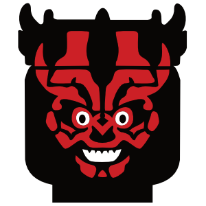 A layered digital illustration of a Lego-style Darth Maul head, featuring his iconic red and black facial markings, sharp horns, and menacing grin, designed for crafting with cutting machines like Cricut or Silhouette.