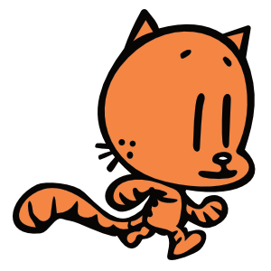 A cartoon illustration of Li'l Petey, a cute orange cat character from the Dog Man series, walking confidently with a playful expression. The character features bold black outlines, a rounded head, small ears, and a striped tail.