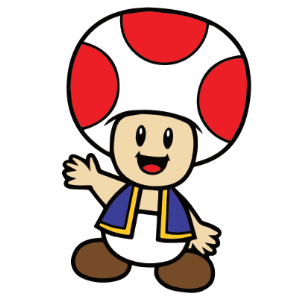 Toad from Super Mario Bros waving with a smile, wearing his signature red-and-white mushroom cap, blue vest, and brown shoes