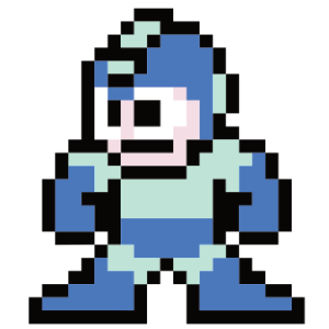 Pixel art illustration of Mega Man in his classic 8-bit design, featuring blue armor with light blue accents, a determined pose, and a nostalgic retro gaming aesthetic.