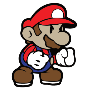 Illustration of Paper Mario, the iconic 2D version of Mario, featuring his red hat, blue overalls, white gloves, and a determined pose, inspired by the beloved video game series.