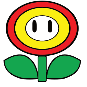 Fire Flower from Super Mario Bros featuring bright red and yellow petals, a white center with black eyes, and green leaves, symbolizing fiery power from the iconic Nintendo game