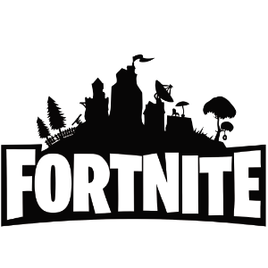 Black and white Fortnite logo featuring a silhouette of buildings, trees, and structures, perfect for crafting projects with Cricut or Silhouette machines.