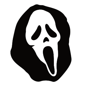 A stylized image of Ghostface's mask from the Scream franchise, including a hood outline. The design is in black and white, emphasizing the eerie expression of the mask for Halloween and horror-themed crafts.