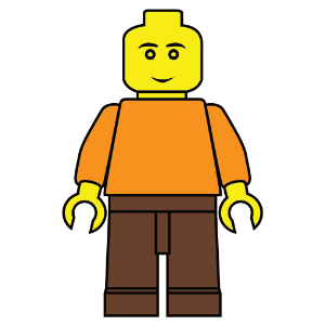 A bright and simple illustration of a Lego-inspired minifigure featuring a yellow head and hands, an orange shirt, and brown pants. The design is clean and minimal, perfect for crafting projects like vinyl decals, iron-on transfers, or party decorations.