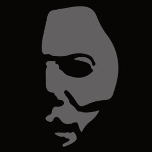 A minimalist silhouette design of Michael Myers' face from the Halloween franchise, featuring dark shadows and a gray outline on a black background. This spooky design captures the eerie essence of the iconic horror character.