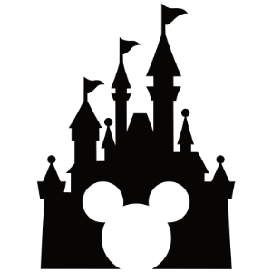 Silhouette of a castle with multiple towers and flags, featuring Mickey Mouse ears incorporated into the design, in solid black.