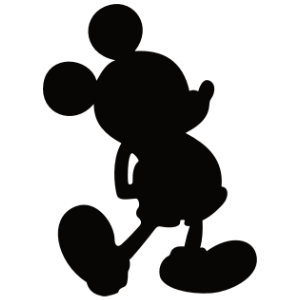 Silhouette of Mickey Mouse in a standing pose, depicted in solid black with his classic rounded ears and cheerful stance.