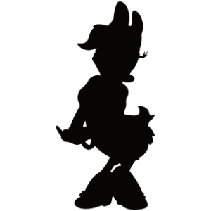 The image is a silhouette of a cartoon character resembling a duck with a bow on its head, standing in a playful pose with one hand on its hip and the other slightly extended.