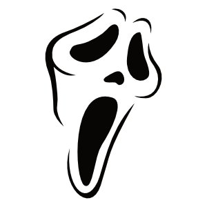 A minimalist vector illustration of Ghostface from the Scream franchise. The design shows the iconic mask with its wide-open mouth and exaggerated eyes, rendered in black and white for dramatic contrast.