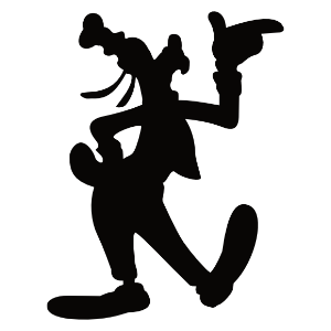 Silhouette of Goofy in a playful pose with one hand pointing up and his iconic long ears, depicted in solid black.