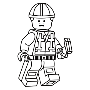 A black-and-white outline of the LEGO Emmet minifigure from The LEGO Movie. Emmet is depicted wearing his signature construction uniform, complete with a safety vest and helmet, holding a brick in one hand. The design features clean, sharp lines suitable for crafting projects such as SVG cutting.