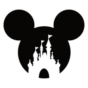 Silhouette of a castle with Mickey Mouse ears incorporated into the design, depicted in solid black.