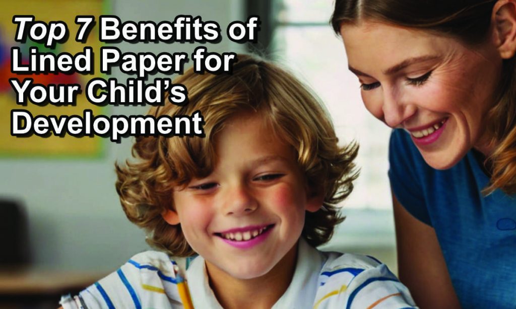 A cheerful image of a young boy with blonde curly hair and a striped shirt smiling as he writes with a pencil. Beside him, a woman with brown hair and a blue shirt smiles warmly, appearing to guide or encourage him. Overlaid text in bold reads 'Top 7 Benefits of Lined Paper for Your Child’s Development' in black and white.