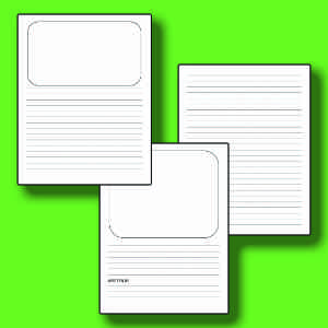 Three sheets of printable lined paper templates with a bright green background. Each sheet features a combination of lined sections and a space for writing or drawing, suitable for creative or educational purposes.