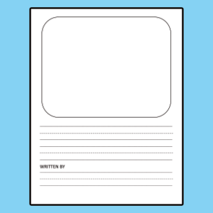 An image of a printable cover page design featuring a large rectangular area with rounded corners at the top for drawing or adding an illustration. Below it are several evenly spaced horizontal lines for writing, with a designated section labeled 'WRITTEN BY' for adding the author's name. The background is light blue, providing a clean and appealing layout.