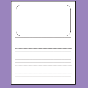 An image of a printable page design featuring a rectangular picture box with rounded corners at the top, ideal for drawings or visuals. Below the picture box are several evenly spaced lines, including solid and dotted lines, designed for writing or storytelling. The background is a light purple color, offering a clean and creative layout.