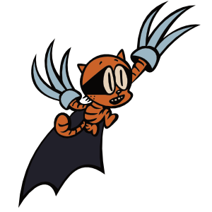 A colorful illustration of Cat Kid, an orange-striped cat superhero, wearing a black mask and cape. Cat Kid is flying with extended, sharp blue claws on both hands, showcasing an action-packed pose against a white background