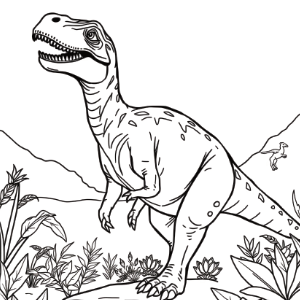 Black and white coloring page of a dinosaur standing in a prehistoric landscape surrounded by plants and mountains. A smaller dinosaur is visible in the background. Perfect for kids looking for fun dinosaur pictures to color.