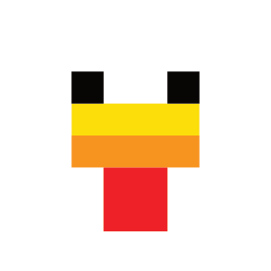 Pixelated Minecraft chicken face in a square format, featuring black eyes, a yellow beak, and a red wattle. The blocky design represents the classic Minecraft chicken head from the game.