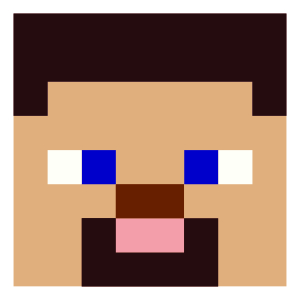 Pixelated Minecraft character Steve's face in a square format, featuring blue eyes, a brown beard, and a neutral expression. The design is blocky and simple, representing the classic look of Steve from the Minecraft game.