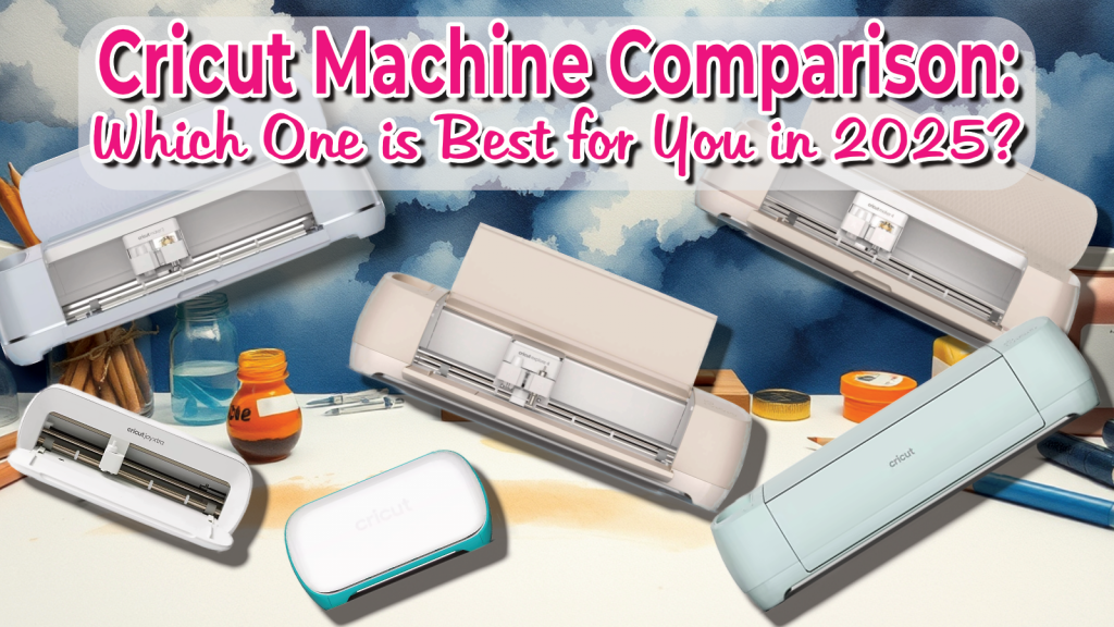 A digital graphic design featuring a comparison of various Cricut cutting machines, including models such as Cricut Maker, Cricut Explore, Cricut Joy, and Cricut Venture, arranged in a scattered layout. The background consists of an artistic watercolor painting of a sky with clouds, blending into a creative workspace with jars, paintbrushes, and crafting tools. Bold, pink and white outlined text at the top reads, "Cricut Machine Comparison: Which One is Best for You in 2025?" The composition emphasizes a fun and engaging crafting theme, ideal for a blog post or guide.