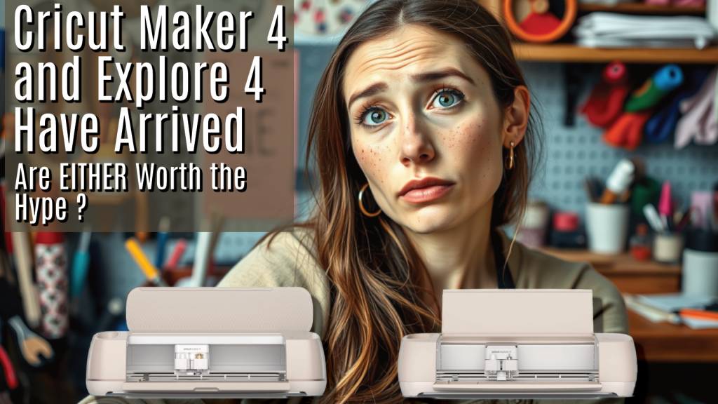 A concerned-looking woman with long brown hair sits in a craft room with shelves of crafting supplies in the background. She has a slightly skeptical expression with raised eyebrows and a slight frown. In the foreground, two Cricut machines—the Cricut Maker 4 and Cricut Explore 4—are displayed. Bold text on the left side of the image reads: 'Cricut Maker 4 and Explore 4 Have Arrived. Are EITHER Worth the Hype?' The composition suggests a discussion or review of the new Cricut machines.